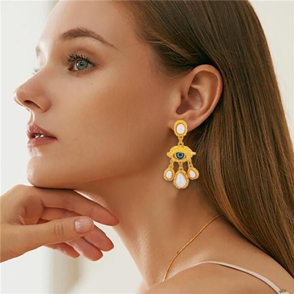 🧿 Gold Evil Eye Dangle Earrings | Lightweight Statement Drop Earrings - Picture 7 of 7